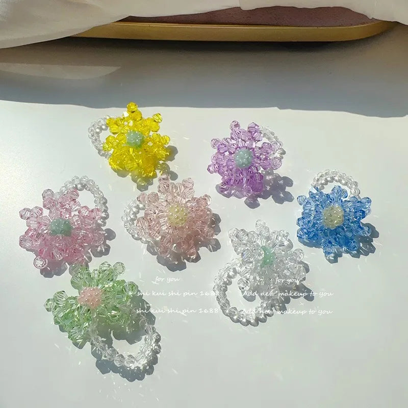 INS Hot Sale High Beauty Dreamy Crystal Bead Weaving Flower Elastic Ring Fashion Girl Handmade Ring