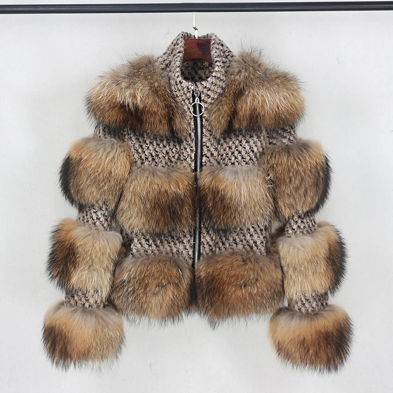 OFTBUY 2025 New Real Fur Coat Winter Jacket Women Natural Fox Raccoon Fur Weave Wool Fabric Stand Collar Plaid Outerwear