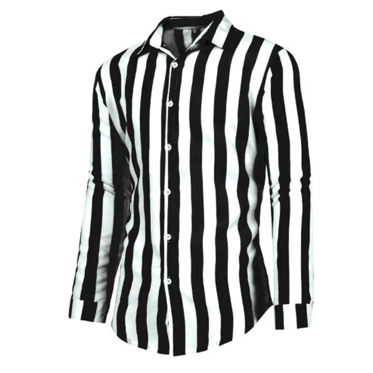 Stylish Men Shirts Casual Simple Lapel Vertical Stripes Loose Buttons Long Sleeve Men Shirt Top Spring Patchwork Blouse