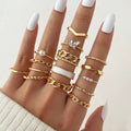 Trendy Gold Plated Alloy Retro Inlaid Pearl Chain Diamond Butterfly Open Ring Set 15 Pieces