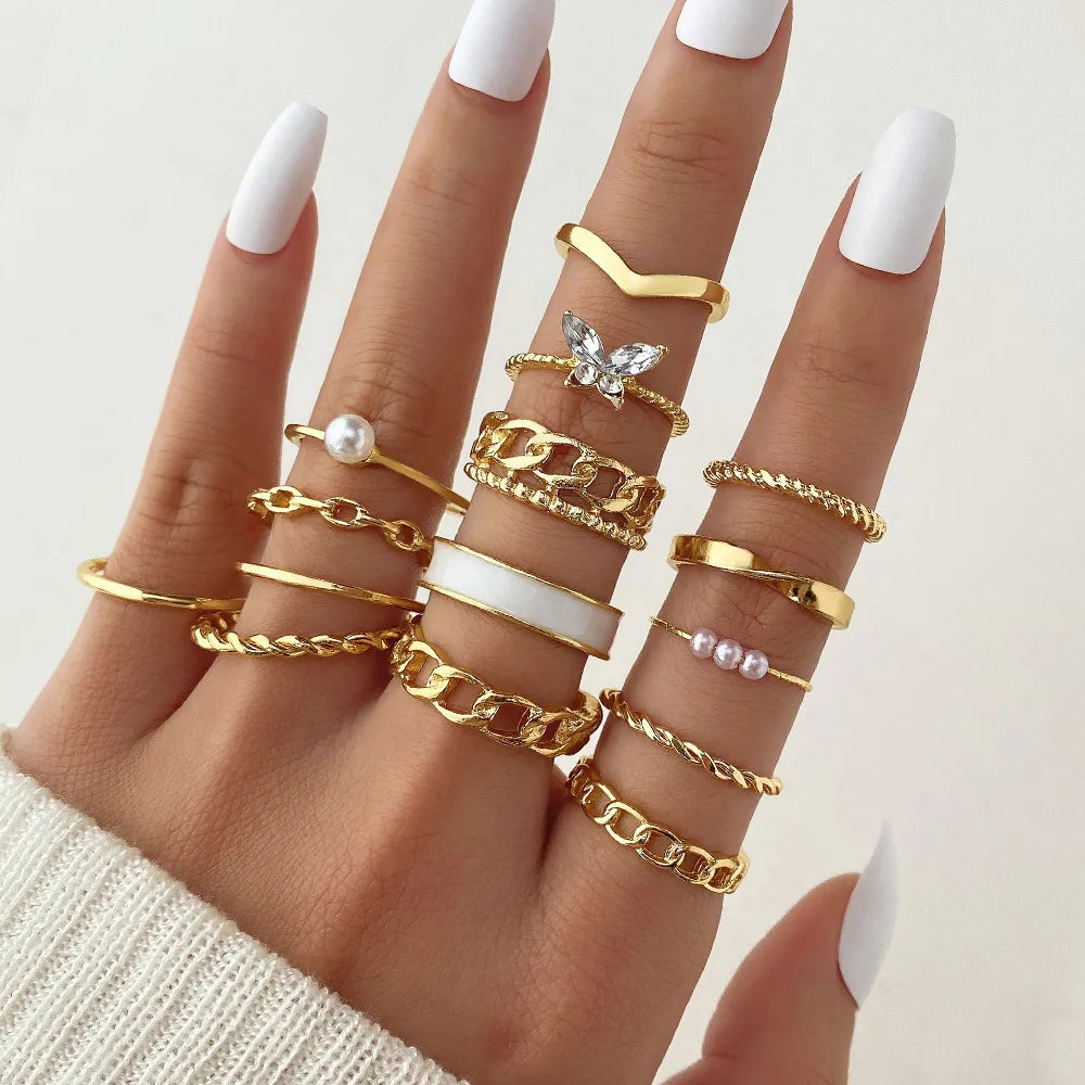 Trendy Gold Plated Alloy Retro Inlaid Pearl Chain Diamond Butterfly Open Ring Set 15 Pieces