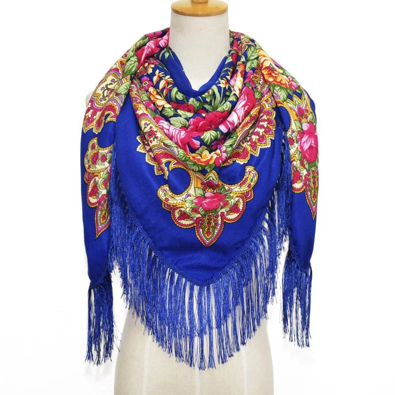 Traditional Ukrainian Russian Floral Shawl Wrap Square Autumn Scarf with Fringes Gift