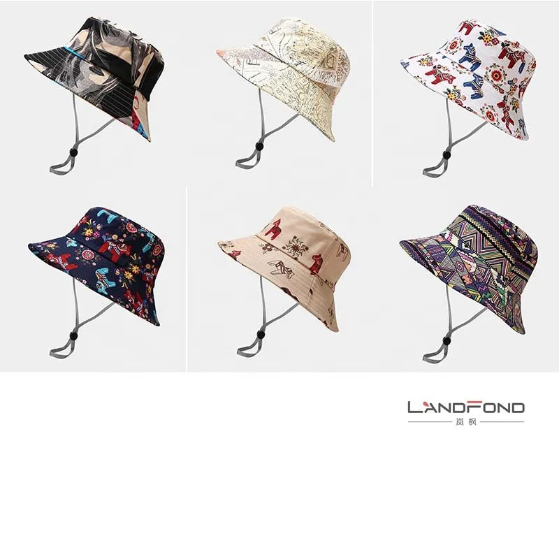 Landfond Accessory Wide Brim Bucket Hat European and American Retro Pattern Printed Fisherman's Hat