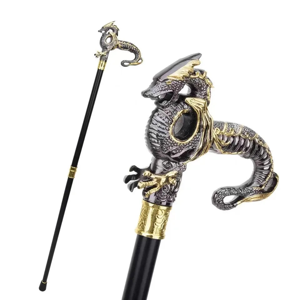 Gold Black Luxury Dragon Walking Cane Fashion Decorative Walking Stick Gentleman Elegant Cosplay Cane Knob Crosier 93cm