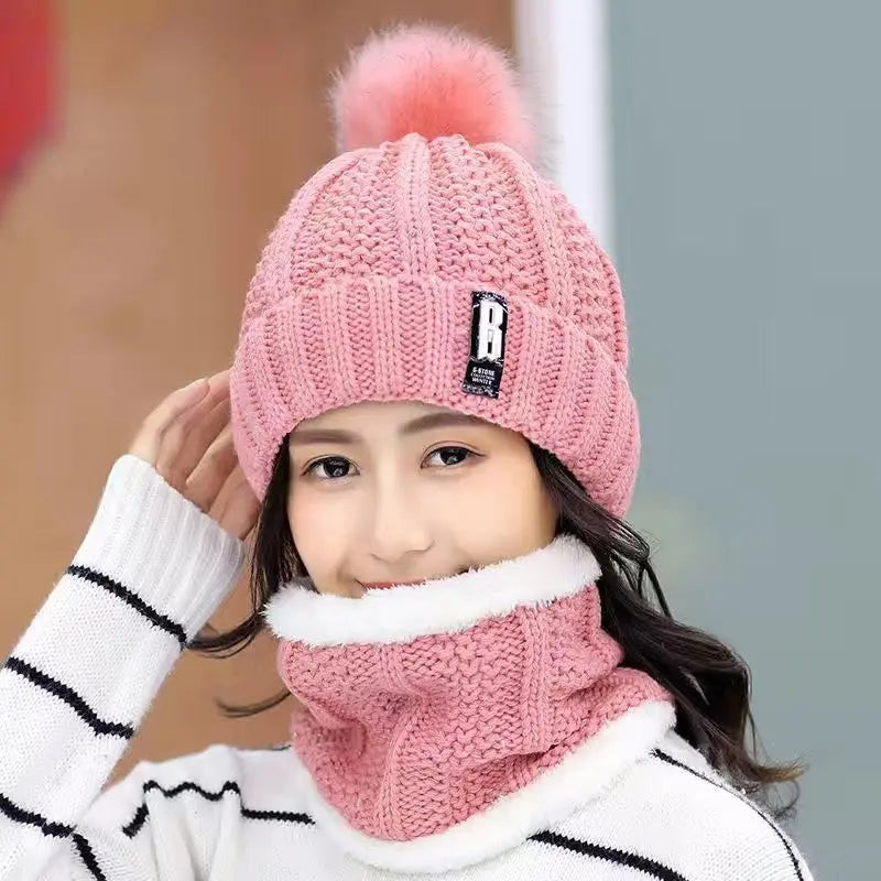 Women Knitted Plush Beanie Scarf Set Outdoor Hat Collars Set Pom Pom Ball Beanies Hat Ring Scarf Sets Winter Warm Fur Ski Caps