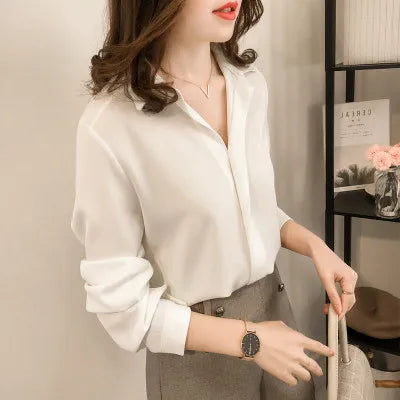 Silk Shirts Women White Shirt Women Long Sleeve Shirts Blouse Office Lady Satin Silk Blouse Tops Plus Size