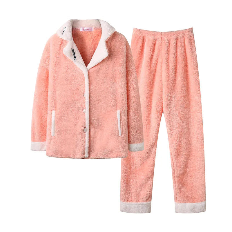Pink Button Down Fleece Pajamas Set for Women Long Sleeves Coral Fleece Pajama Set Winter Thick Fleece Women Pajamas