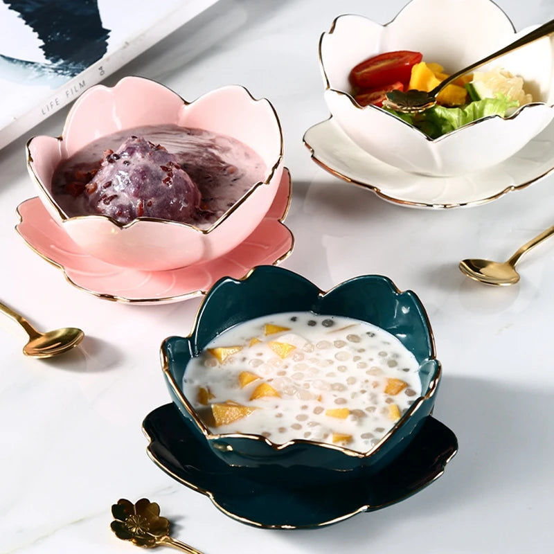 Sakura Shaped Ceramic Dessert Bowl and Plate Set Fruit Ice Cream Cubilose Syrup Soup Bowls Kitchen Tableware Restaurant Cutlery