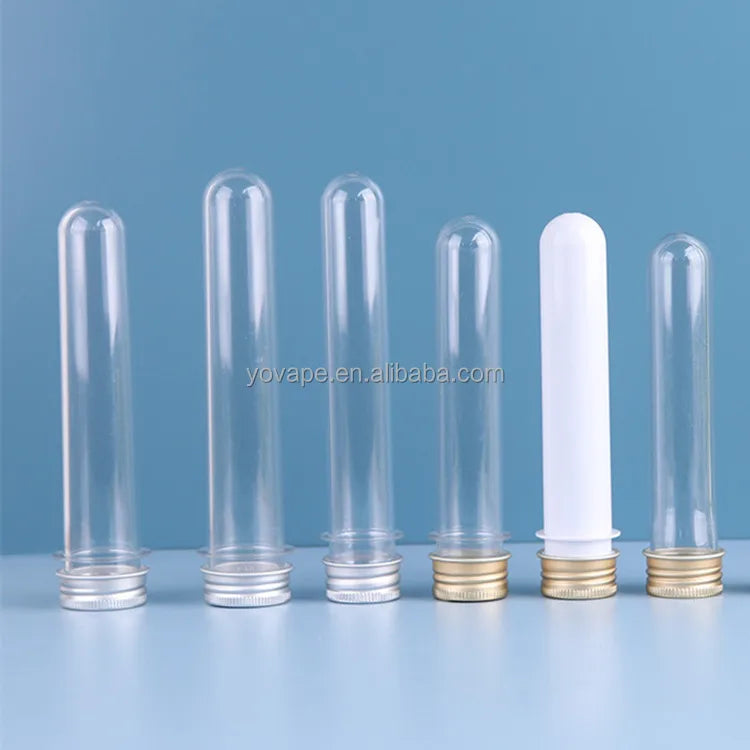 Food Grade Laboratory 30ml 40ml 45ml 50ml 55ml 60ml clear PET Lab Plastic Test Tube With Screw Aluminum Silver or Gold Cap/Lid