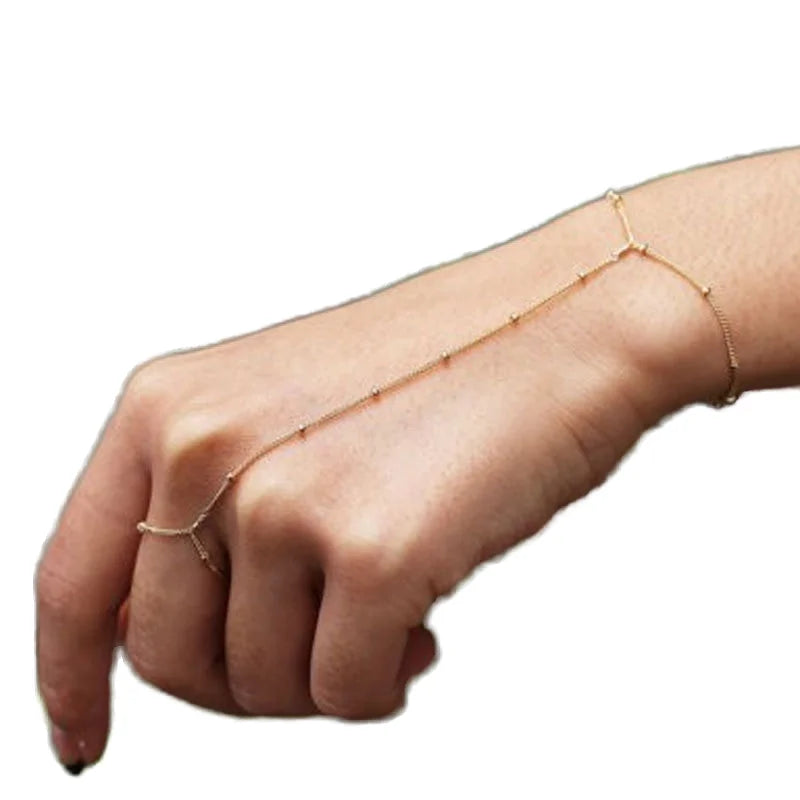 2022 New Female Slave Chain Link Finger Ring Hand Harness Bracelets with Copper Beads Women's Alloy Jewelry for Gift