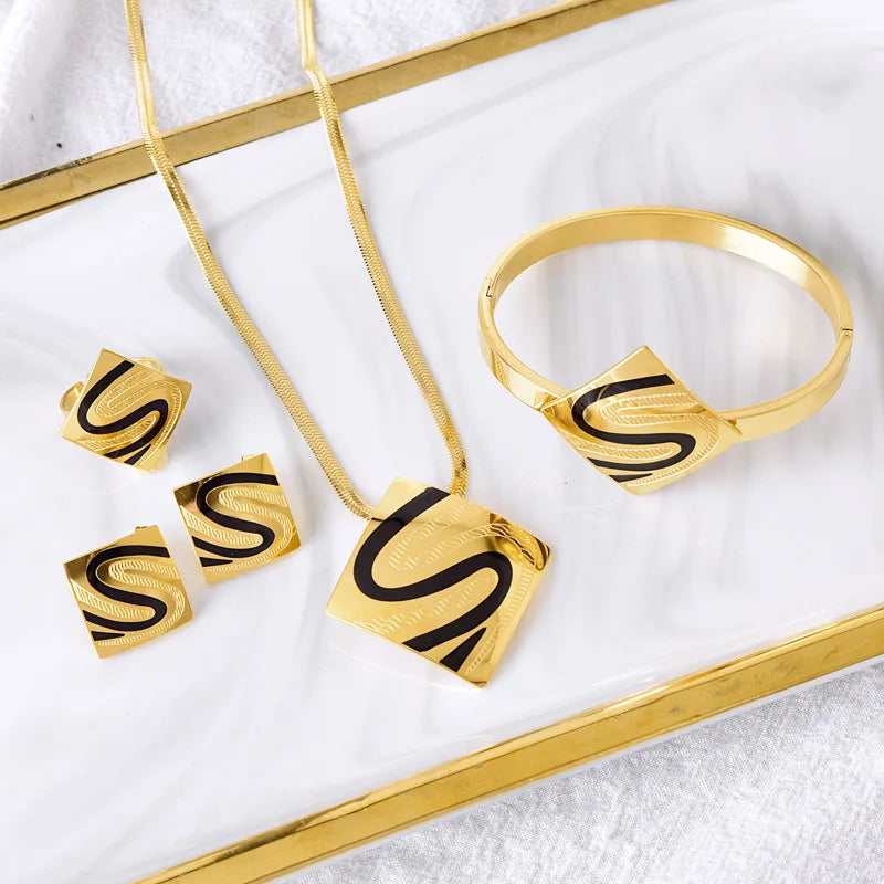 2024 Women Stainless Steel Square Necklace Bangle Earrings Ring Jewelry Set 18k Gold Plated 4 Pcs Set Wholesale