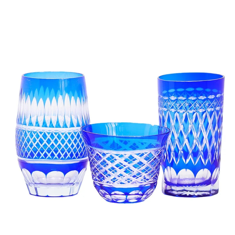 Hand Cut Colored Glasses Sake Whiskey Glass Cup Blue Handcraft Glass Set