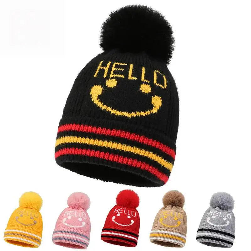 Custom logo Winter Children's Knitted Hat Fleece Thicken Jacquard Kids Beanie Hat With Pom Pom