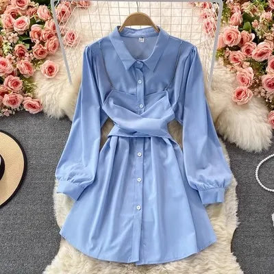 Autumn Korean Version New Niche Design With a Sense of Temperament and Tie up Waist Long Sleeved Lapel Dress for Women
