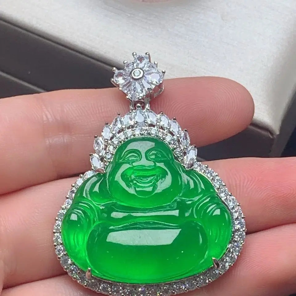 Myanmar Emerald Ice-Like Green 925 Silver Inlaid Avalokitesvara Buddha Jade Pendant Maitreya Buddha Necklace Pendant