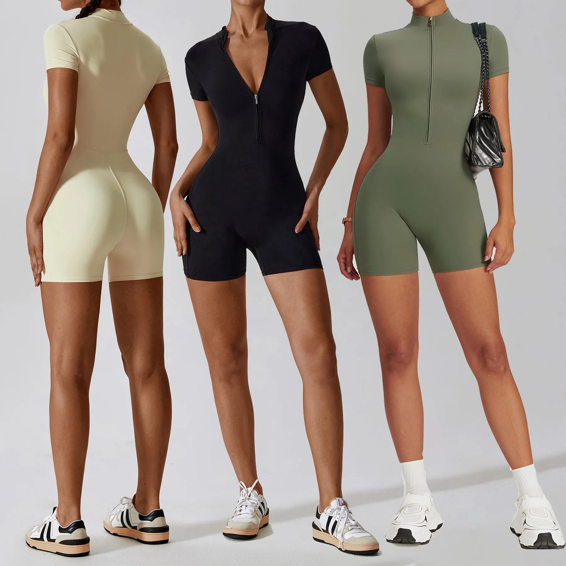 YIYI Fashion Soft Feeling Comfortable High Stretchy Gym Bodysuits Half Zipper Breathable Training Romper Women Sport Jumpsuit