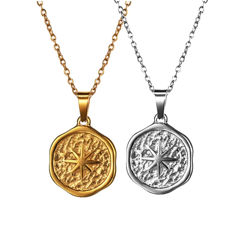 Boho 20mm Compass Coin Pendant Long Chain PVD 18k Gold Plated Travel Jewelry Stainless Steel Women North Star Necklace