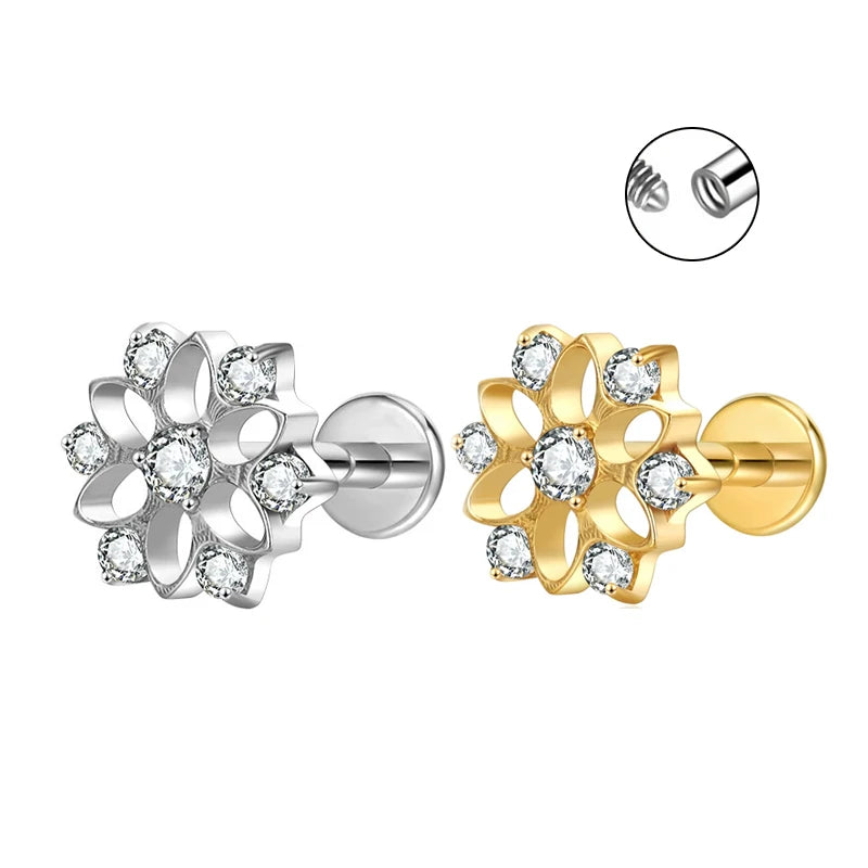 Christmas Hot Selling F136 Titanium Flower Zircon Labret Studs Gold Plated with Claw Setting Engagement External Top Thread