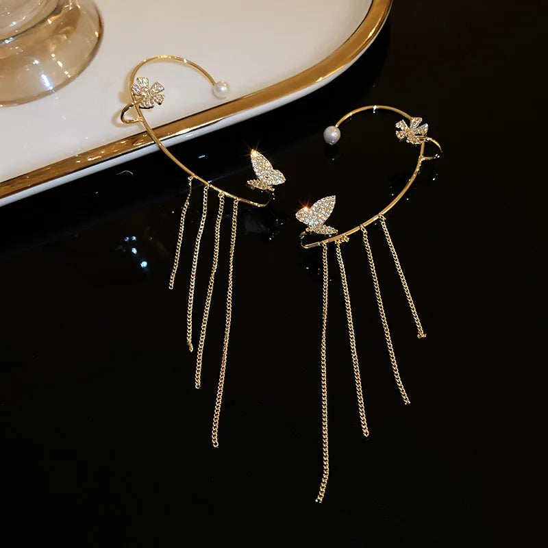 Real Gold Electroplating Micro-encrusted Zircon Flower Earrings French Fashion Pearl Tassel Butterfly Earrings Female