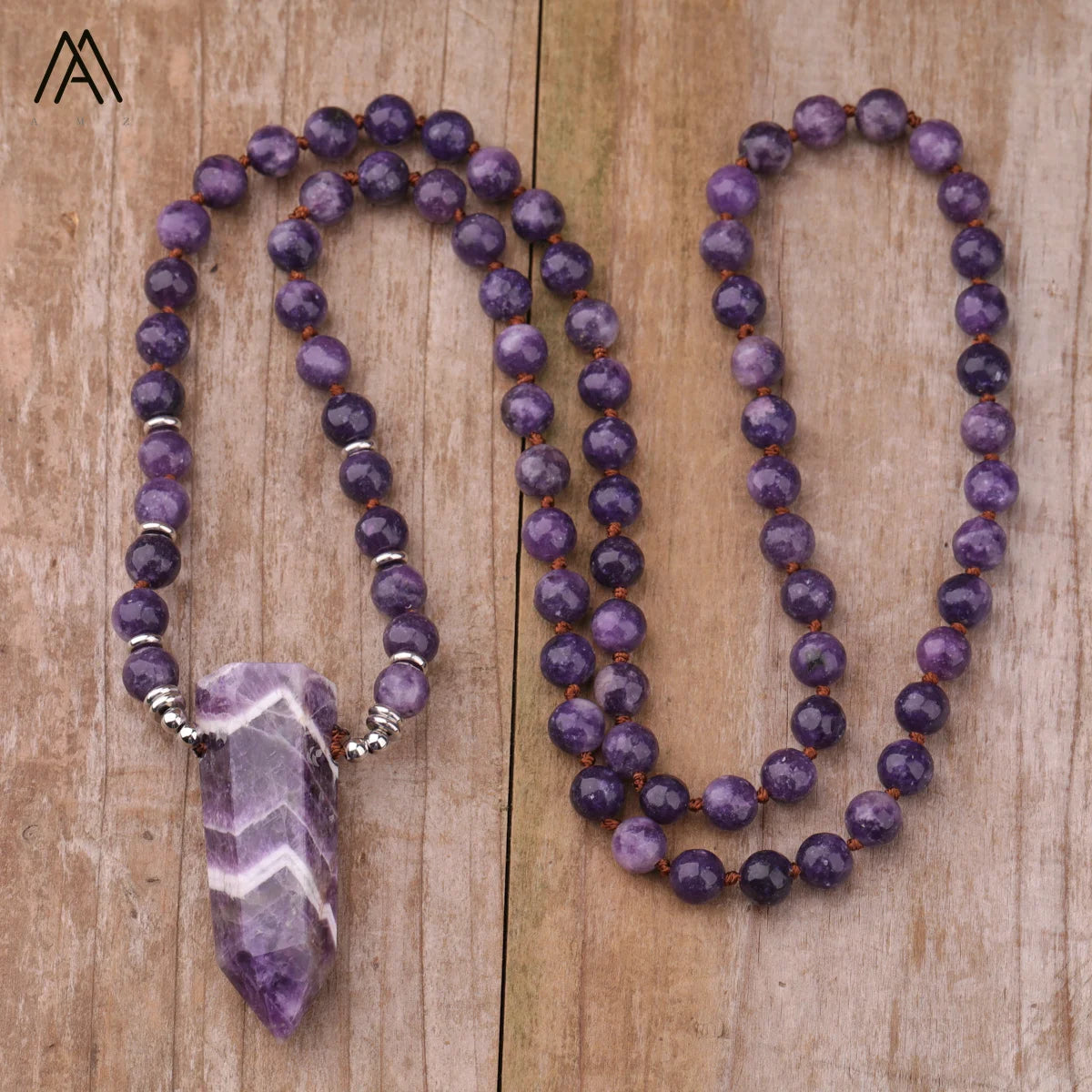 Purple Mica Jasper Round Bead Healing Amethyst Crystal Quartz Point Pendant Mala Necklace