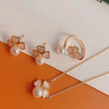 18K Gold Plated Butterfly Shell Inlaid Clover 6-7MM Freshwater Pearl Necklace Earring Ring Set for Party Gift Pearl Jewelry Set