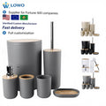 6Piece Luxury Plastic Bamboo Bath Accessories Bathroom Trash Can Hand Soap Dispenser Soap Dish Toothbrush Toothbrush Cup Kitchen