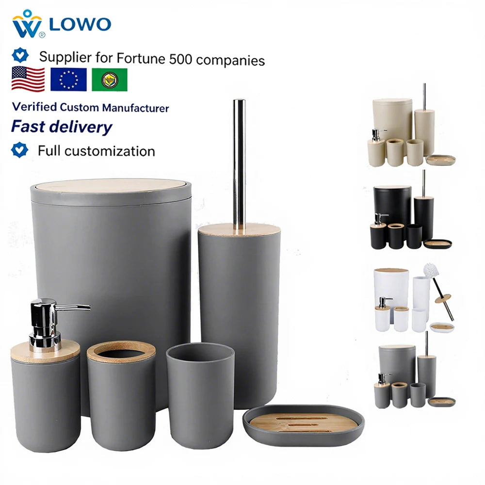 6Piece Luxury Plastic Bamboo Bath Accessories Bathroom Trash Can Hand Soap Dispenser Soap Dish Toothbrush Toothbrush Cup Kitchen