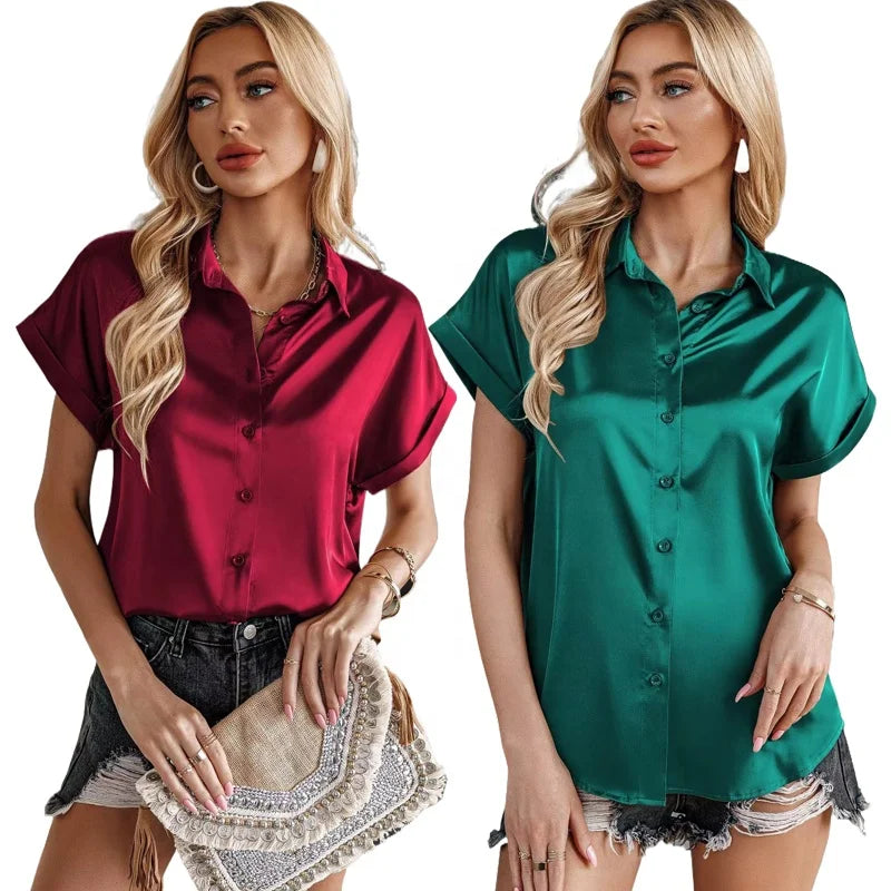Womens Short Sleeve Silk Blouses Ladies Official Shirts Satin Business Tops Office Work Tunic Female Clothes White Shirt