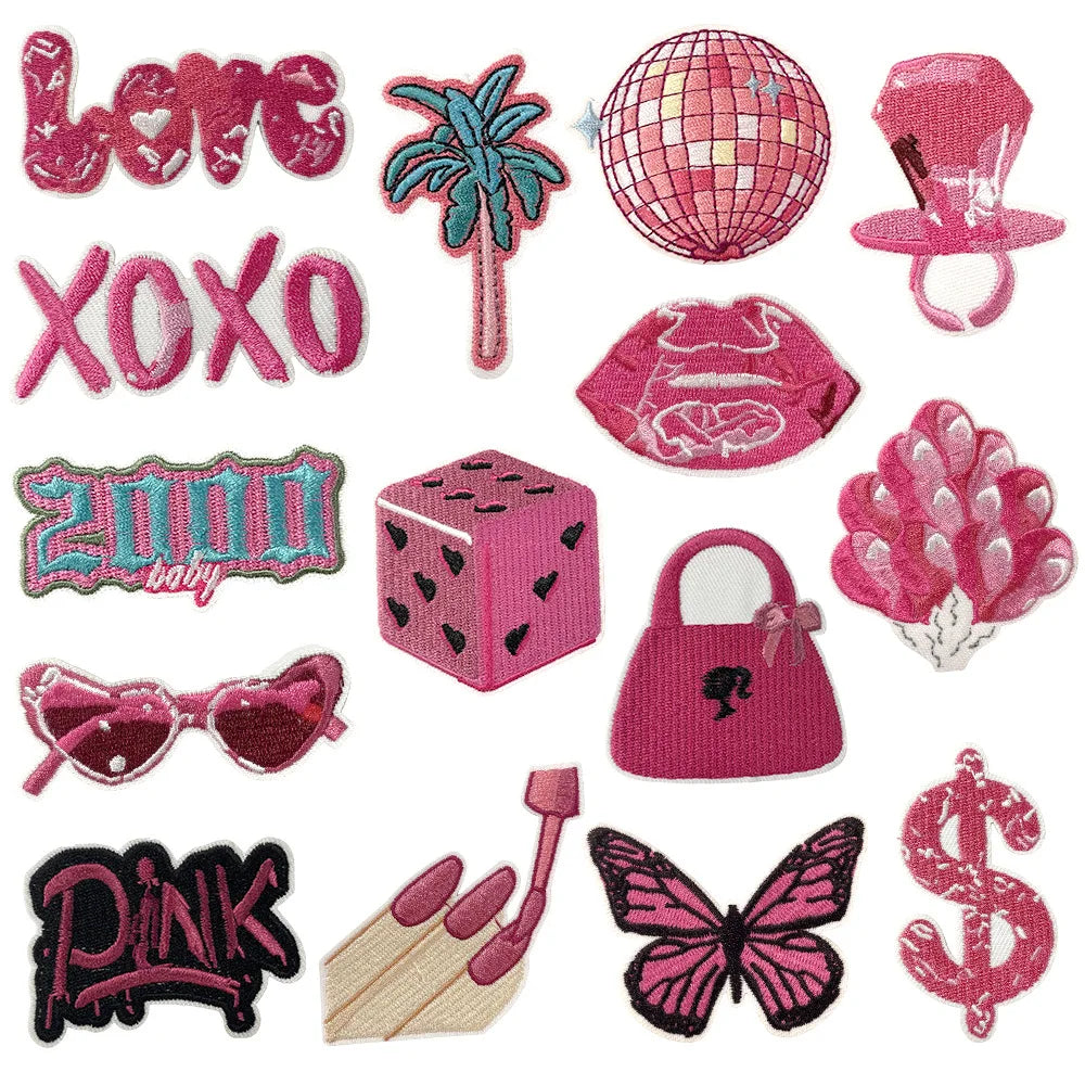 Iron on  Embroidery Black pink Color Diamond Balloon love Xoxo butterfly Sunglass Lip  Patch for Clothes Hat Bag