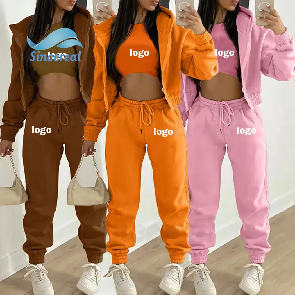 Wholesale Custom Print logo 100% Cotton Zipper Hoodie Vest Pants Jogger Tracksuit 3 Piece for Women