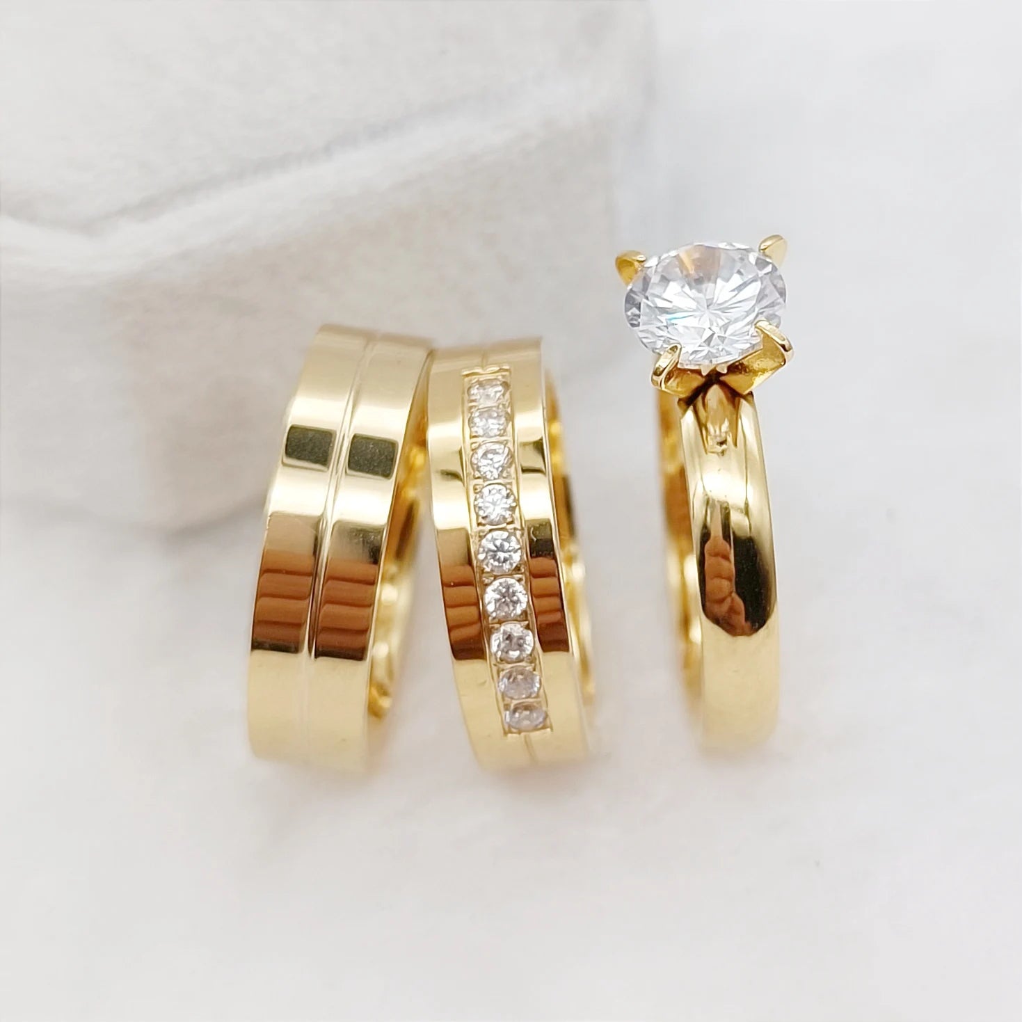 Turkish Design 18K Gold Plated Stainless Steel Jewelry 3pcs Bridal Wedding Engagement Rings Sets with CZ Diamond Bague Femme