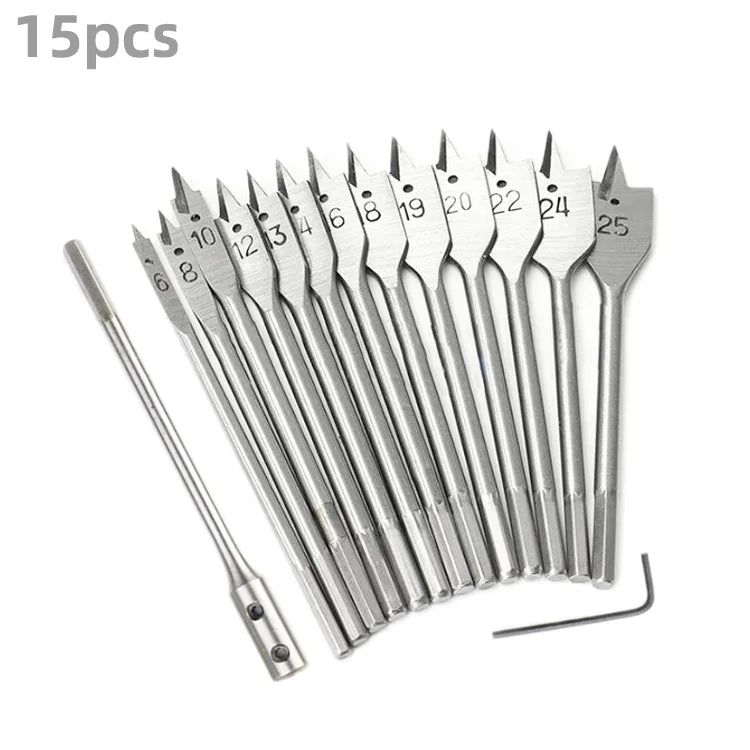 15pcs 13pcs Kit Package 6-25mm Woodworking Spade Flat Drill Bits Set with Extension bar Adapter for Wood Drilling Hole