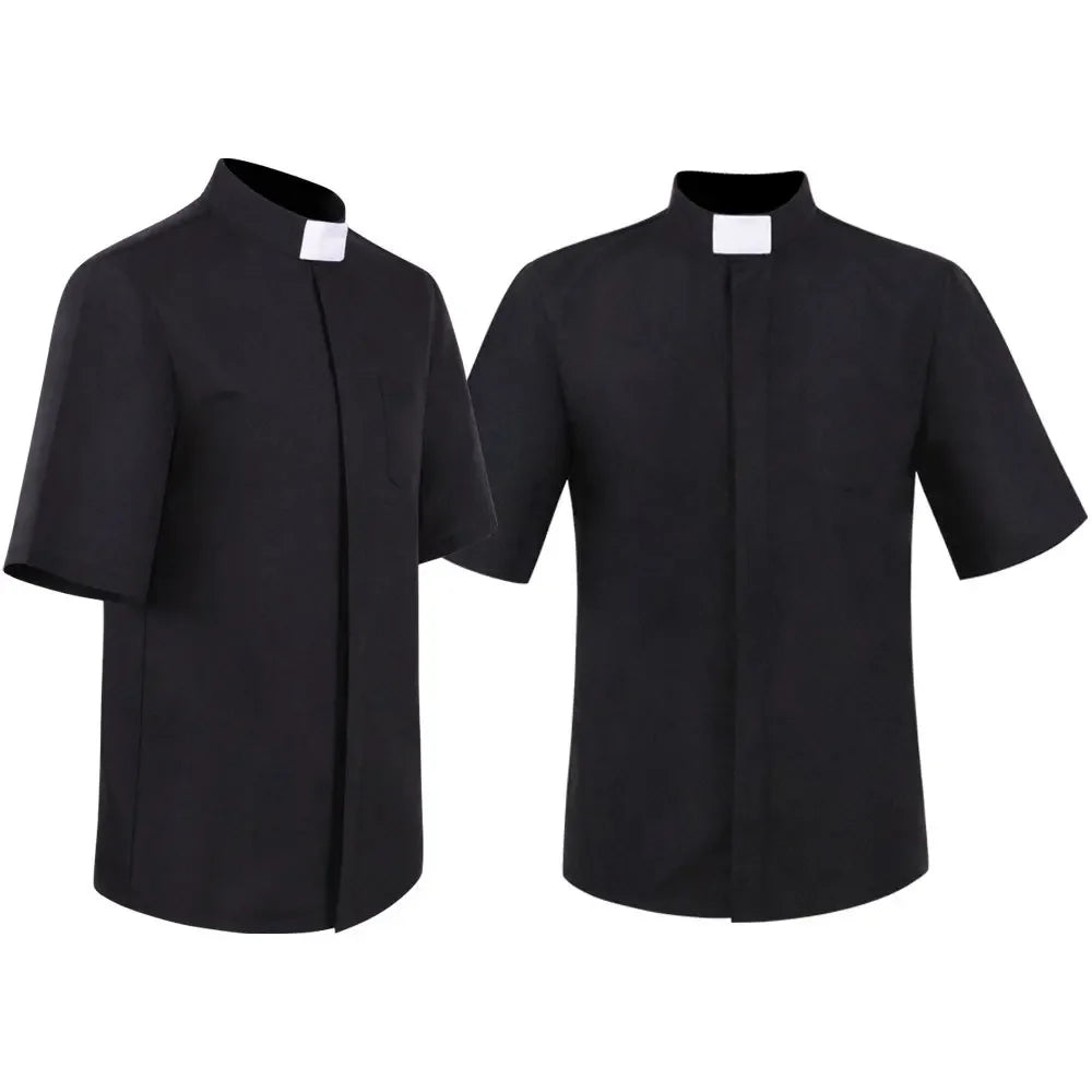Short Sleeve Priest Black Shirt Pastor Men Clergy Stand-up Tab Collar Catholic Church Minister Preacher Tops Roman Blouse S-5XL