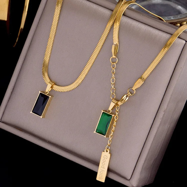 Trendy Stainless Steel Flat Snake Chain Necklace 18k Gold Plated No Fade Snake Chain Emerald Pendant Necklace