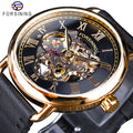 Forsining Classic Black Golden Openwork Watches Skeleton Mens Mechanical Top New Luxury Black Genuine Leather Wristwatches