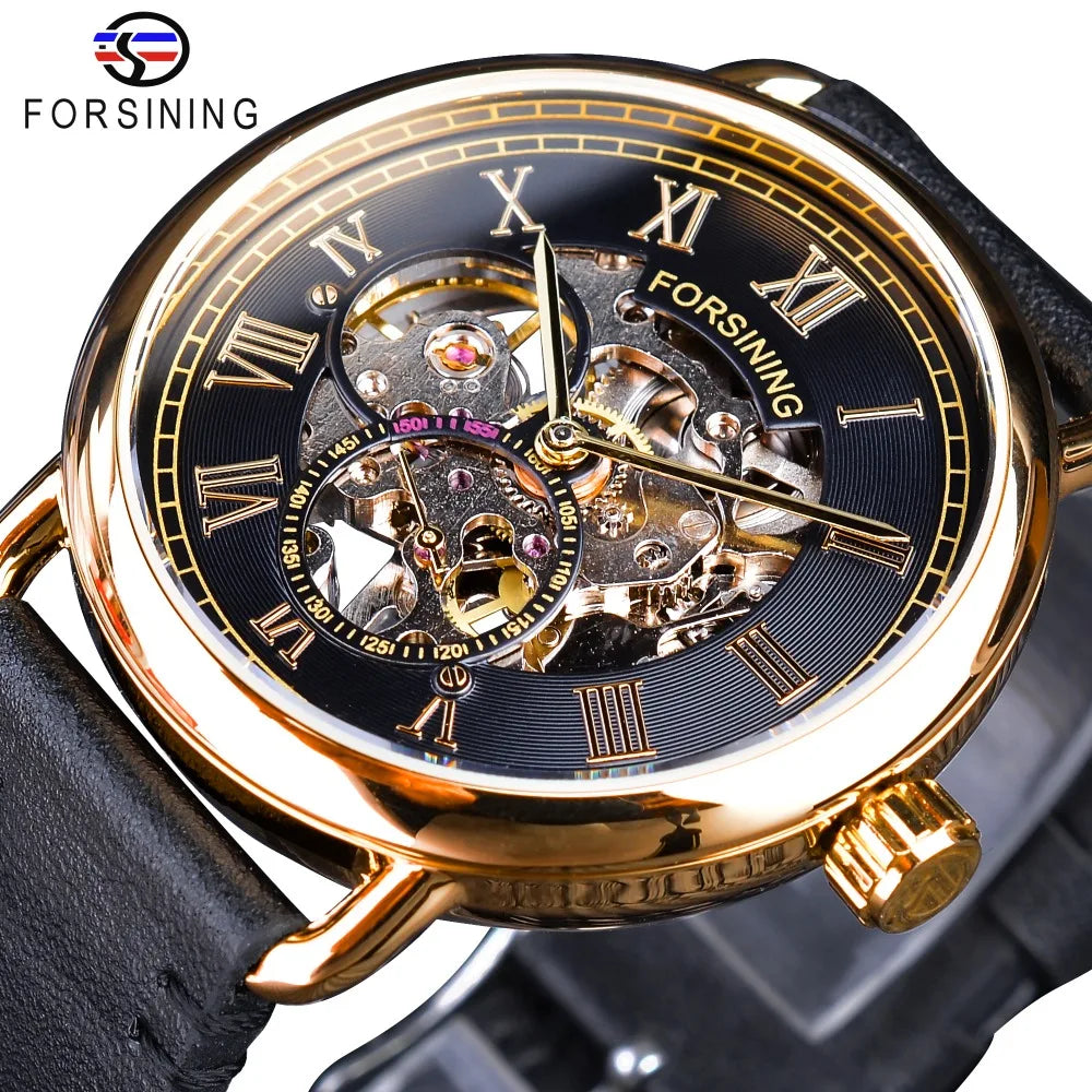Forsining Classic Black Golden Openwork Watches Skeleton Mens Mechanical Top New Luxury Black Genuine Leather Wristwatches