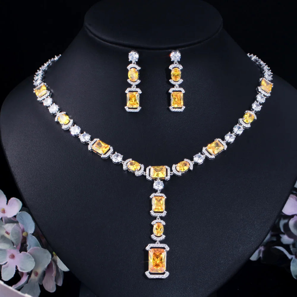 Sparkling Multi Color Cubic Zirconia Big Long Dangle Drop Party Wedding Necklace Bridal Jewelry Sets Dress Accessories