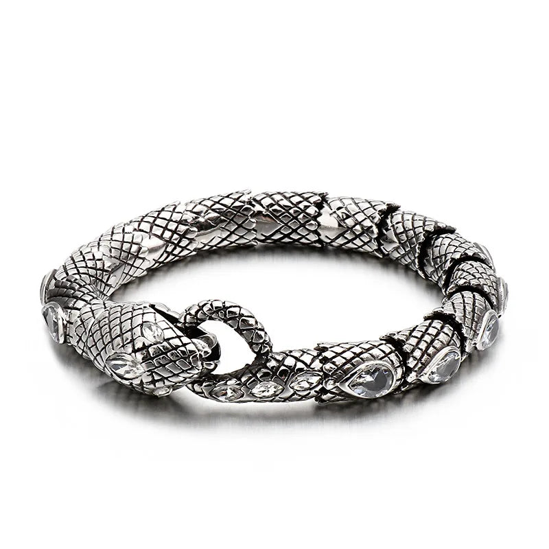 Gothic Vintage Fashion Men Jewelry Stainless Steel Snake Crystal Zircon Iced Out Rough Snake Titanium Steel Bracelet Male Bangle