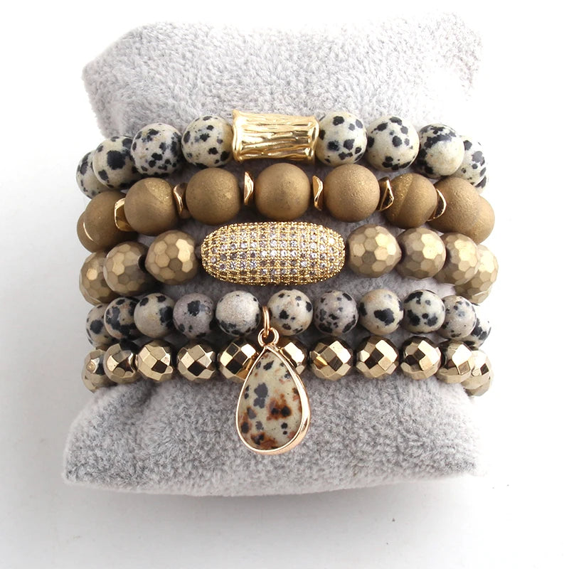 Fashion Women Jewelry Stretch Natural  Chip Stone & Glass Crystal Pave Bracelets Charm Elastic Druzy Stack  Bracelet Set