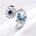 Adjustable Rhinestone Open Flower and Bee Spinning Rotatable Calming Worry Meditation Rings Birthday Christmas Jewelry Gifts