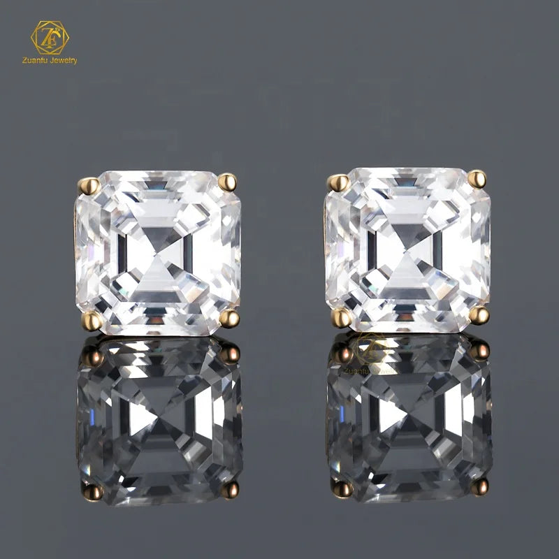 Factory Custom Wholesale Women Men 18k Yellow Gold 4 Prongs D VVS 6.5x6.5MM Asscher Cut Moissanite Diamond Ear Studs Earrings