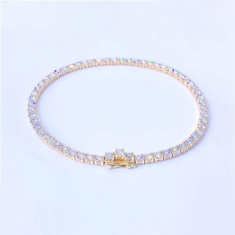 18K Yellow Gold Plated Round Excellent Cut 2mm Diamond Test Past D Color VVS1 Moissanite Bracelet Chain Women Wedding Jewelry