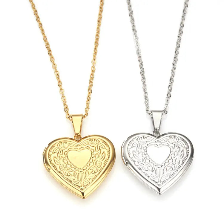 Wholesale Stainless Steel Heart Locket Pendant Necklace Memorial Gifts Personalized Carved Wave Rose Flower Photo Frame Necklace