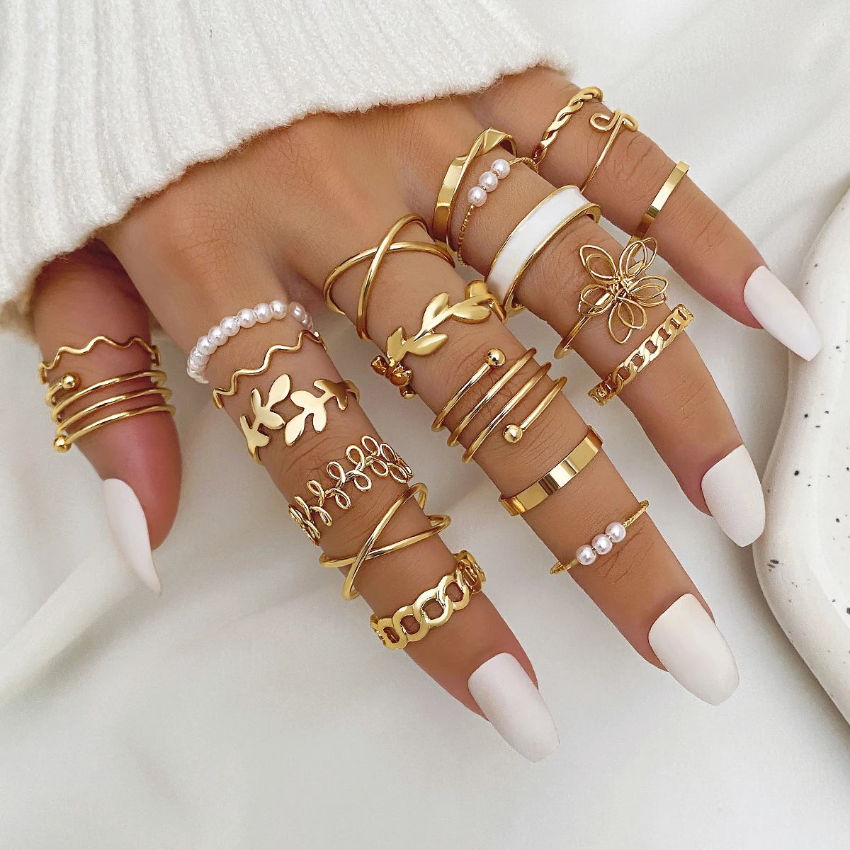 VKME Trend Leaves Flower Geometric Pearl Ring Set for Women Jewelry