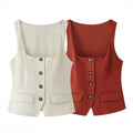 ZATRHMBM Spring Women's 2025 New Fashion Button-up Vest Retro Trend Sleeveless Solid Color Top