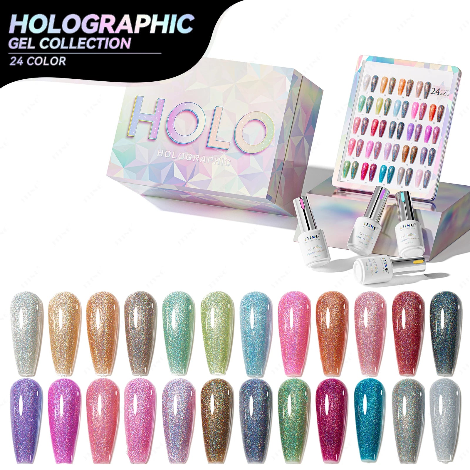 JTING Flash Sale New Updated 24color Reflective Holographic Gel Polish Collection Box Top Effect Holographic Glitter Nail Polish