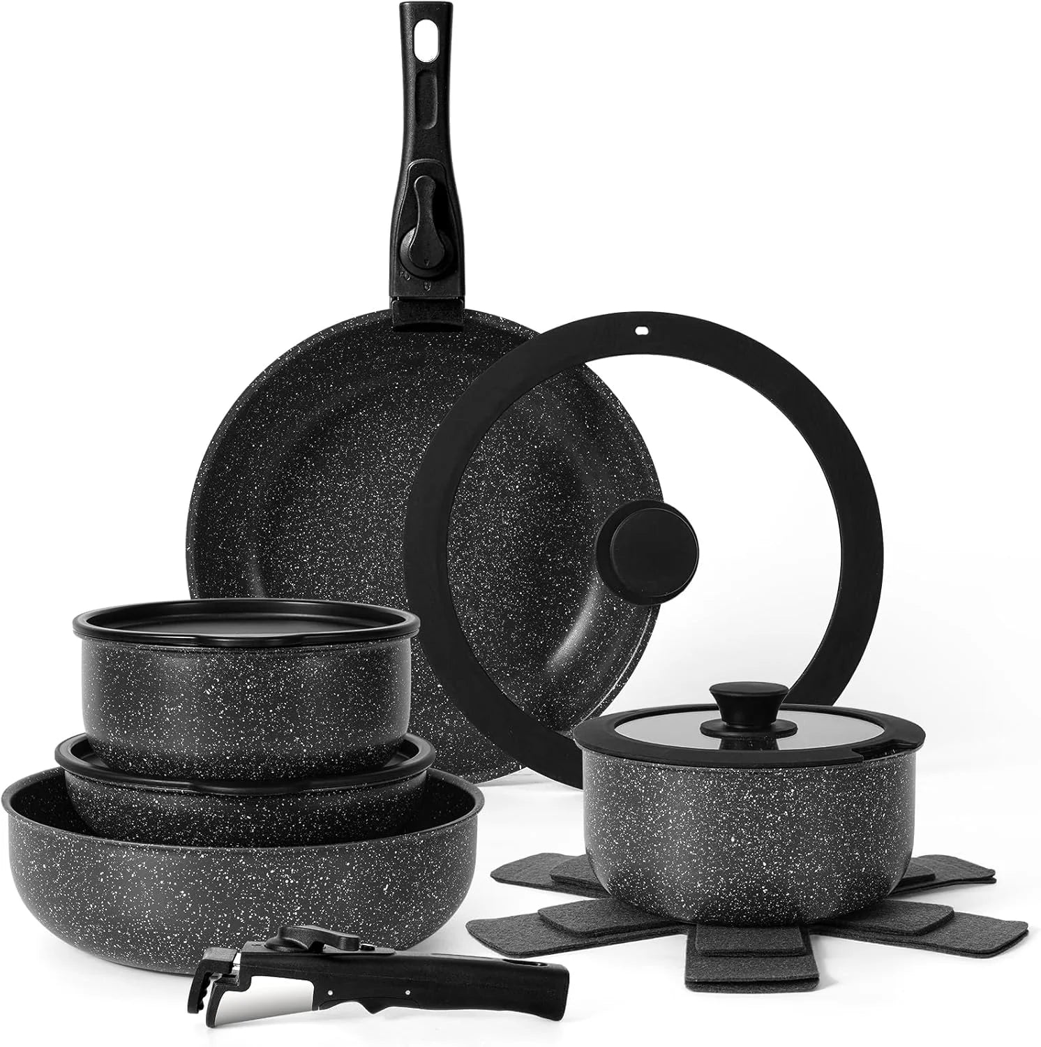 Hot Selling Luxury Black Aluminum Non-Stick Cookware Set Classic Home Cooking Saucepan Eco-Friendly Glass Lid Customizable Logo