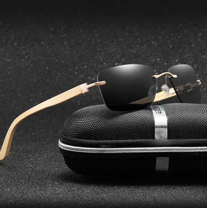 2026 Bamboo Square Sunglasses Men UV400 Driving Sun Glasses Rectangle Rimless Bamboo Legs Eyewear