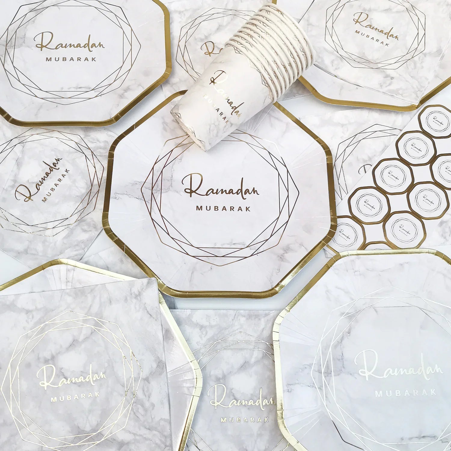Disposable Muslim Paper Tableware Gold Stamping Foil Islam Ramadan Napkin Cup Plate for Ramadan Party Supplies