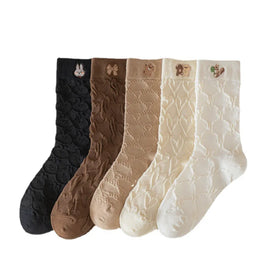 MIO Cute Cartoon Embroidery Cotton Socks for Women Casual Cozy Breathable Crew Socks Fashion Pure Color Stretchy Mid Tube Socks
